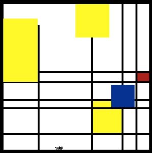 The Painter's Cat Screenshot; a Mondrian-like image with a small pixel art cat on the bottom edge.