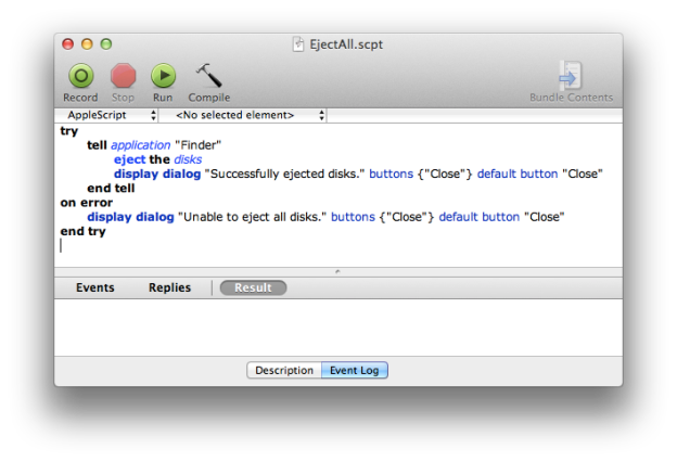 AppleScript Editor with the Eject All script